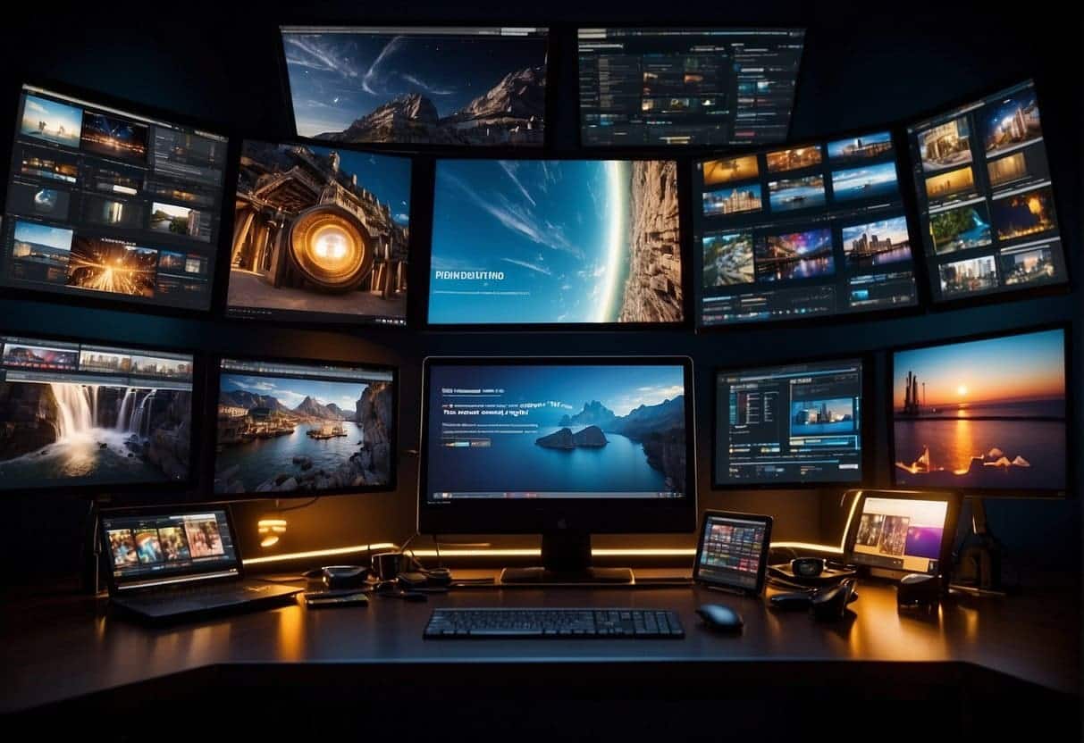 A computer screen displaying a captivating digital story with vibrant images and engaging text, surrounded by various technological devices and tools used for crafting and editing storytelling content