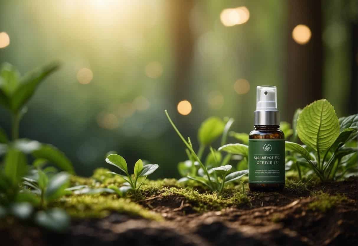 A lush green landscape with eco-friendly products being promoted through various sustainable marketing tactics