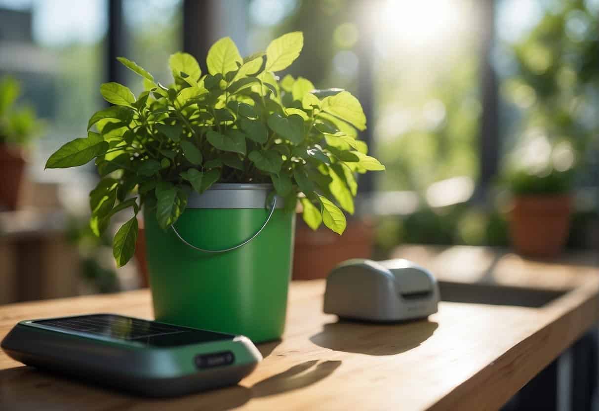 A bright green leafy plant growing from a small, energy-efficient, solar-powered home with a recycling bin outside