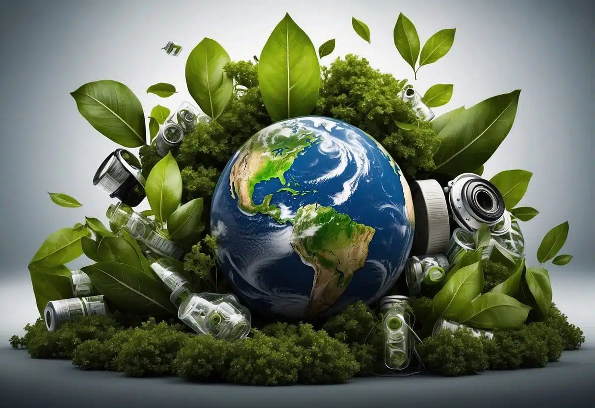 A vibrant green earth with leaves, recycling symbols, and eco-friendly products. Text "Frequently Asked Questions Sustainable and Green Marketing Practices" in bold font