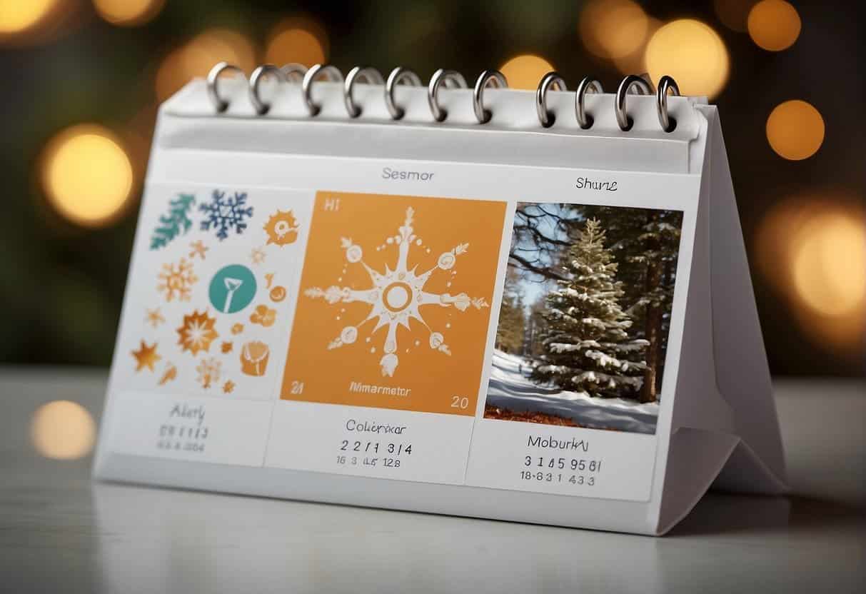 A calendar with seasonal symbols (sun, snowflake, leaf) surrounded by social media icons (like, share, comment)