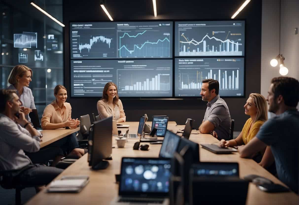 A group of people analyzing data and brainstorming ideas for seasonal social media campaigns. Charts and graphs are displayed on a large screen while individuals discuss and plan strategies