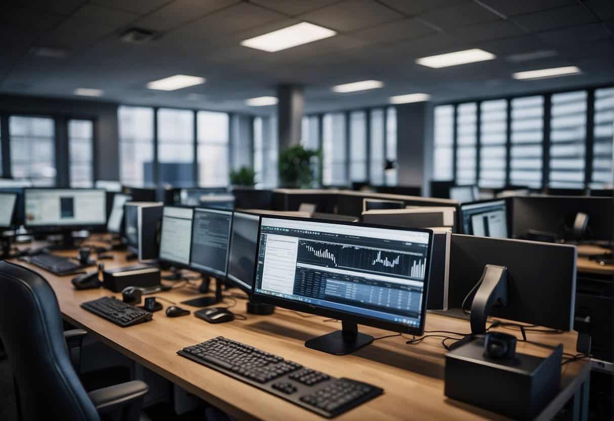 A busy office with computers, calendars, and charts. Social media posts and promotional graphics displayed on screens. Seasonal trend research materials scattered on desks