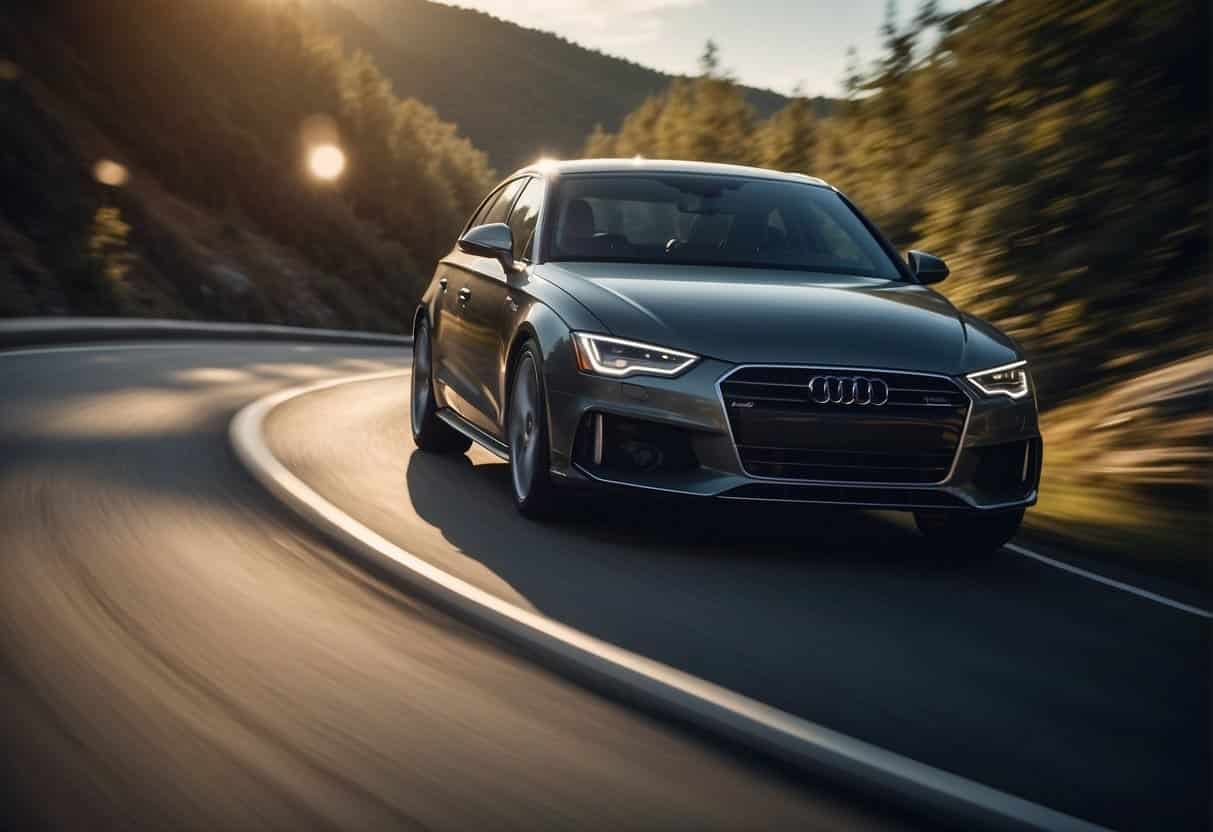 A car speeding through a winding road, with signs of business growth and optimization along the path