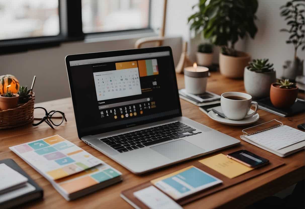 An organized desk with a calendar, laptop, and colorful seasonal trend mood boards. A social media content planner and curated campaign ideas are displayed