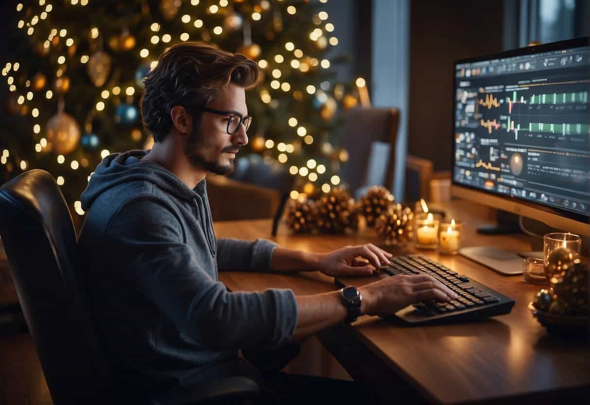 A person typing on a computer, with graphs and charts on the screen, surrounded by seasonal decorations and social media icons
