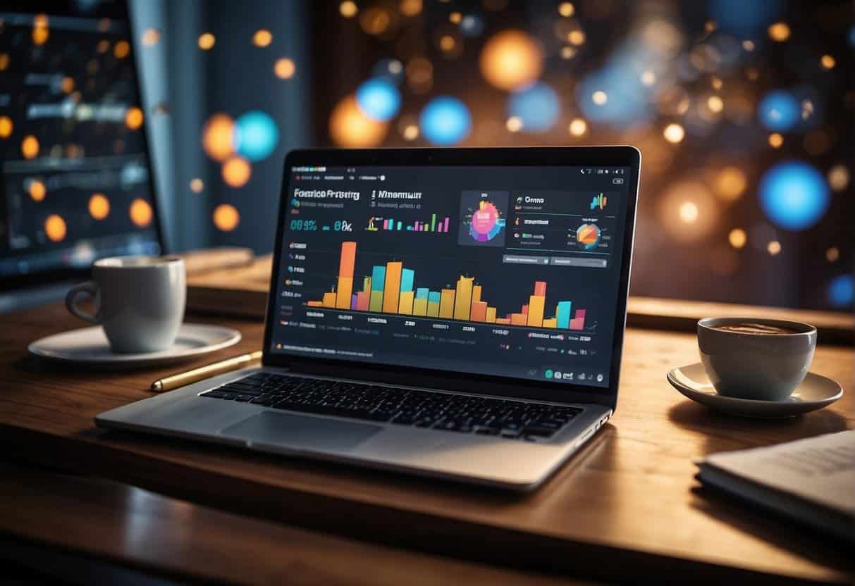 A laptop displaying various social media platforms with vibrant and engaging visuals, surrounded by charts and graphs showing audience engagement and growth