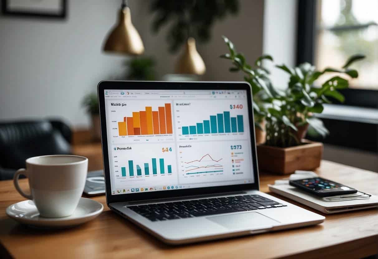 A laptop displaying various social media platforms with graphs and charts, surrounded by marketing strategy books and a brainstorming whiteboard