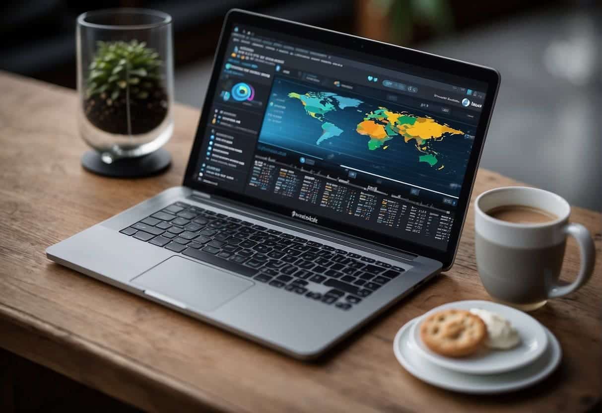 A laptop displaying various social media platforms with business analytics charts and graphs. A smartphone with notifications and messages. A calendar with scheduled posts