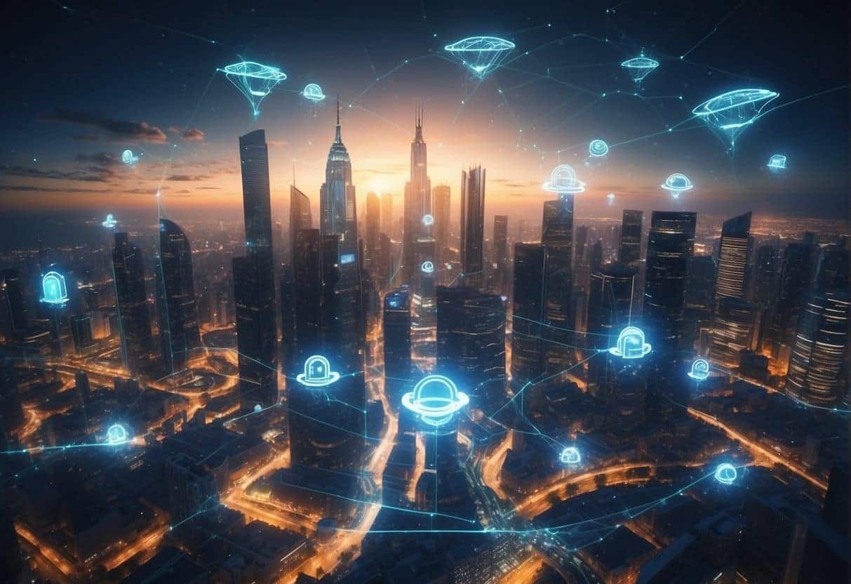 A futuristic cityscape with holographic social media logos and data streams intertwining with skyscrapers. AI-powered drones and virtual reality headsets are prevalent