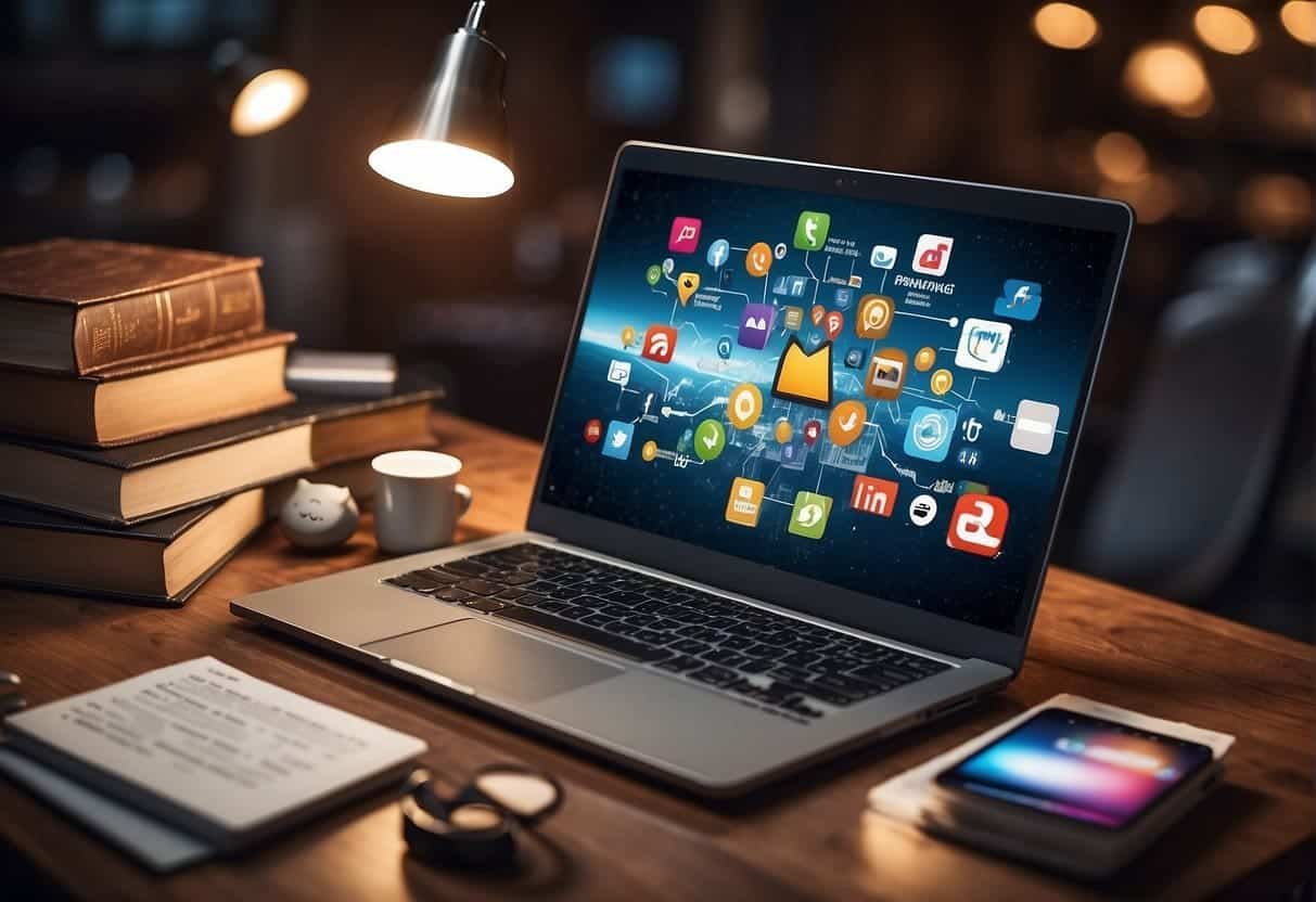 A laptop displaying a captivating social media post, surrounded by storytelling elements like books, pens, and a brainstorming mind map