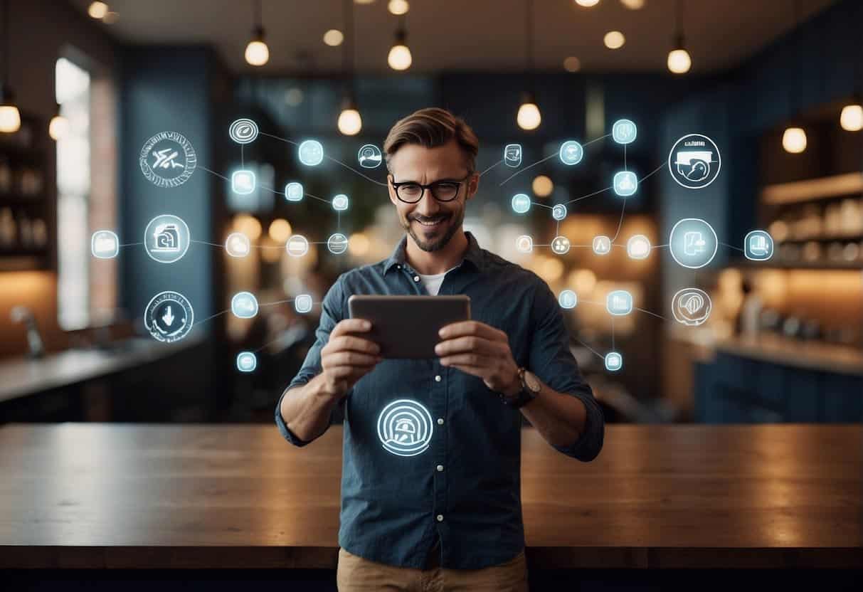 Customers engaging with brand on social media, earning points, and redeeming rewards. Brand logo prominent, with interactive features and clear communication