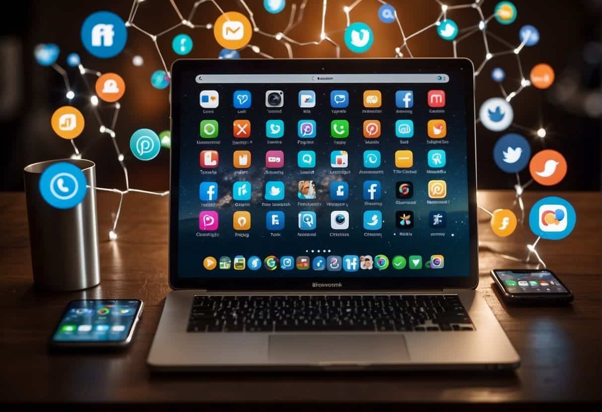 A smartphone, tablet, and laptop surrounded by icons of various social media platforms, connected to a network of other marketing channels