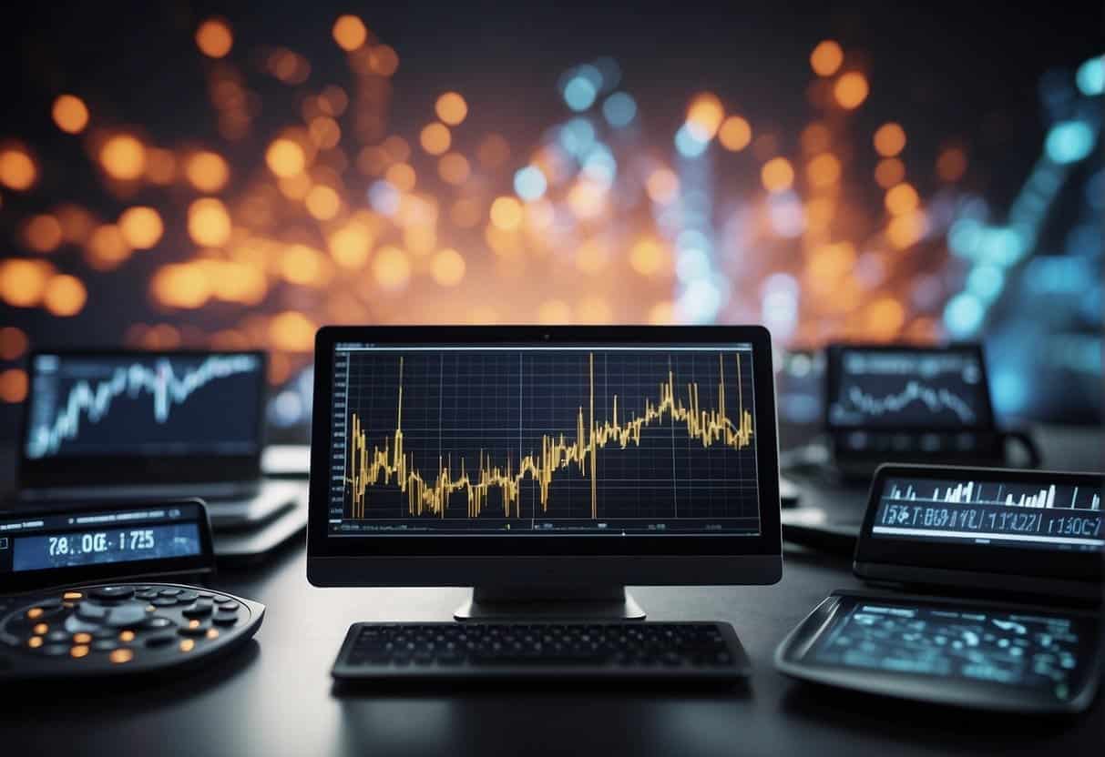 A group of AI algorithms analyze data and strategize media buying for digital advertising. Graphs and charts display performance metrics