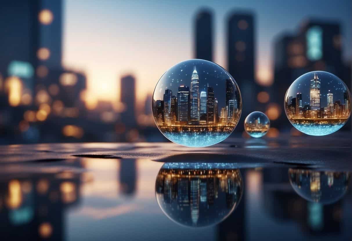 A futuristic city skyline with holographic search results hovering above buildings, while drones and AI-powered vehicles navigate the streets