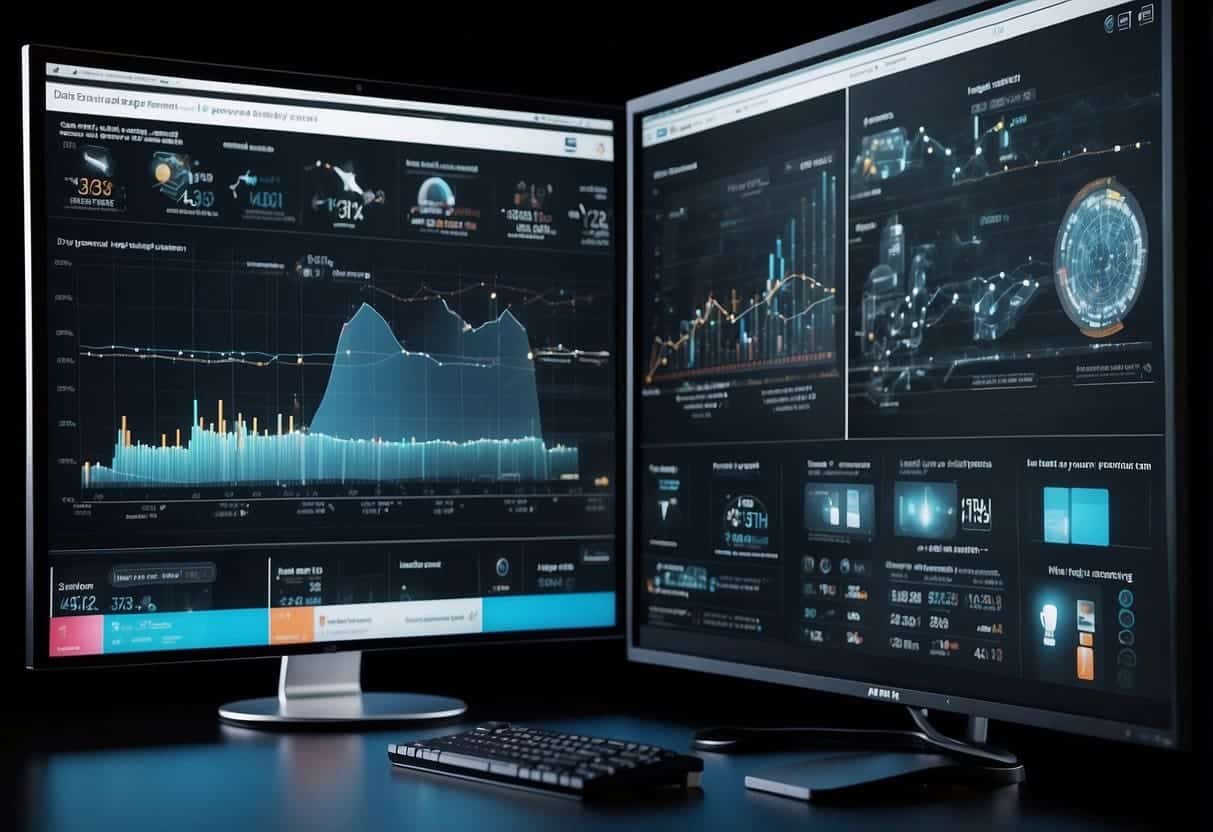 A computer screen displaying data on brand safety AI in digital advertising, with a transparent interface and graphs