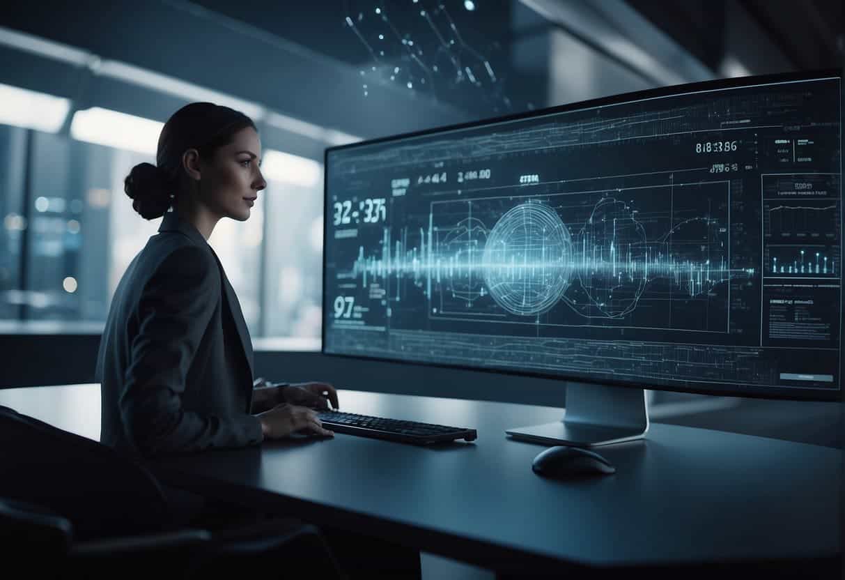A futuristic AI algorithm scans and analyzes digital ad spaces, adjusting bids and placements in real time. Data streams and graphs illustrate its decision-making process