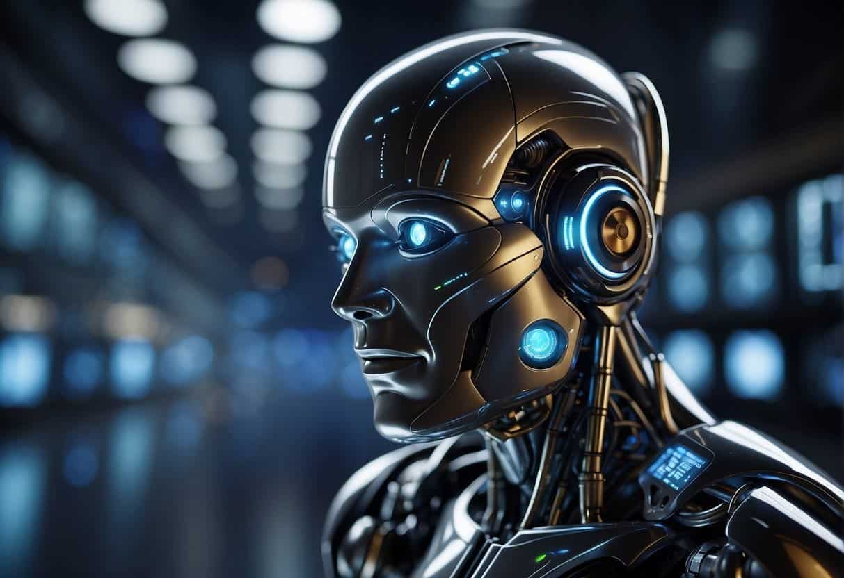 A futuristic AI system analyzes data, selects candidates, and optimizes HR processes