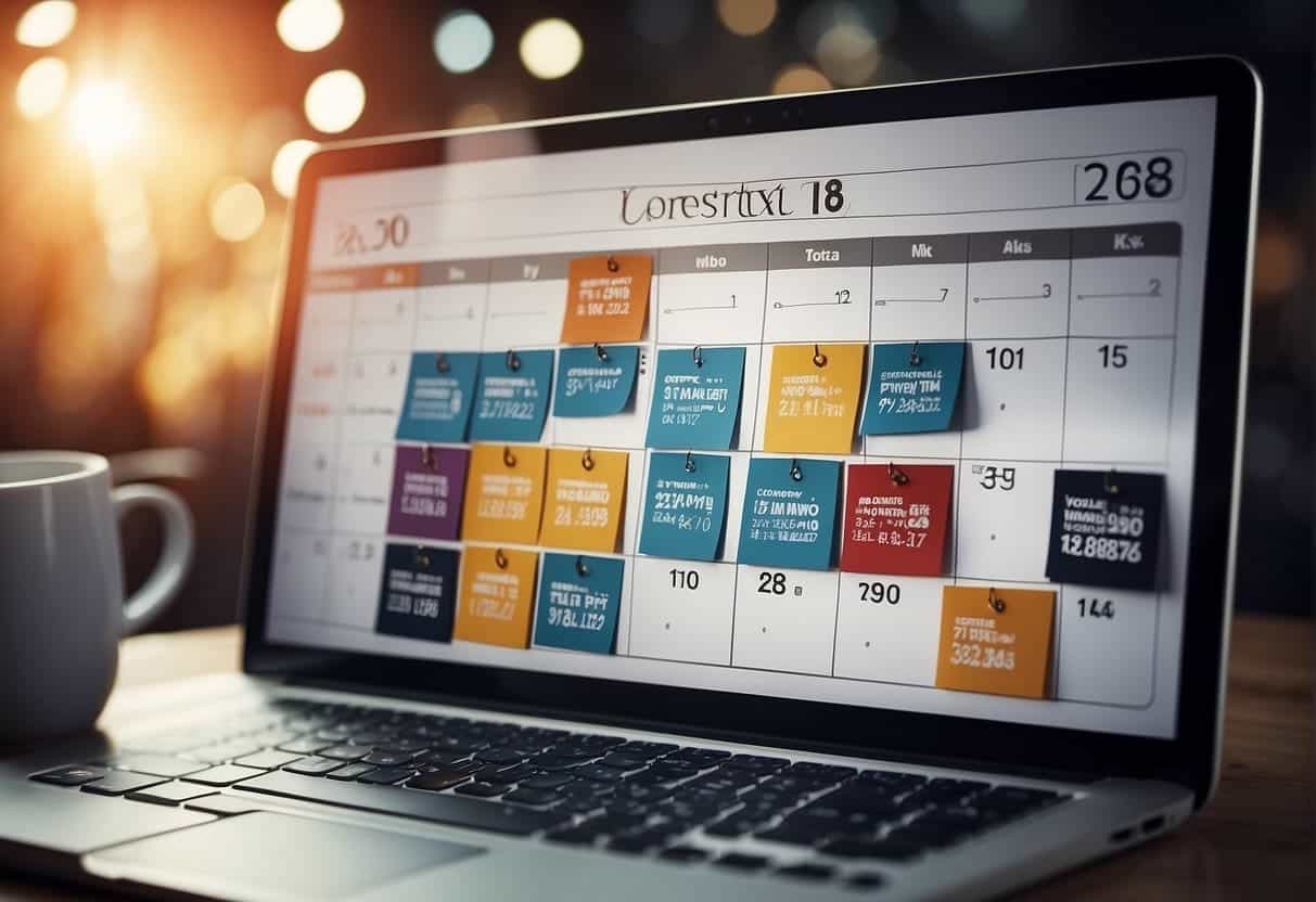 A calendar with social media icons scheduled at peak times for maximum engagement. Automated tools streamline tasks for efficient time management