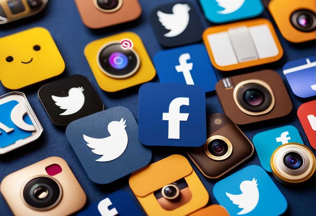 Various social media icons (Facebook, Twitter, Instagram) connected by efficient automation tools, streamlining content posting and scheduling