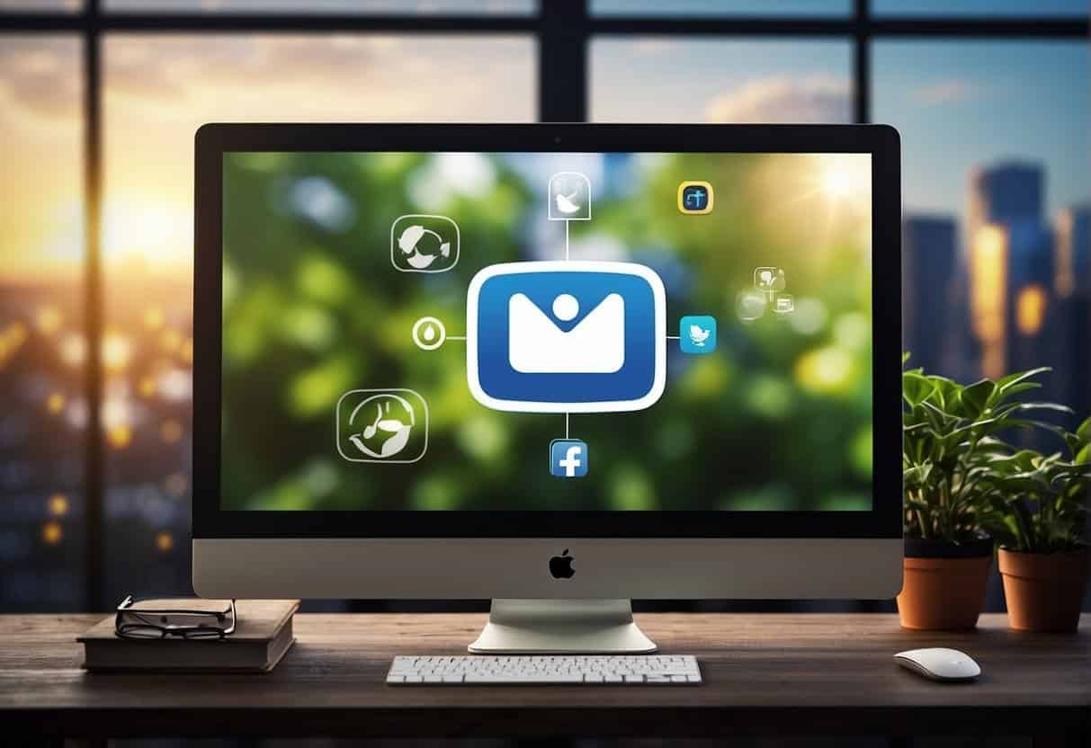 A computer screen with social media icons scheduled and automated. Brand logo in the corner for consistency