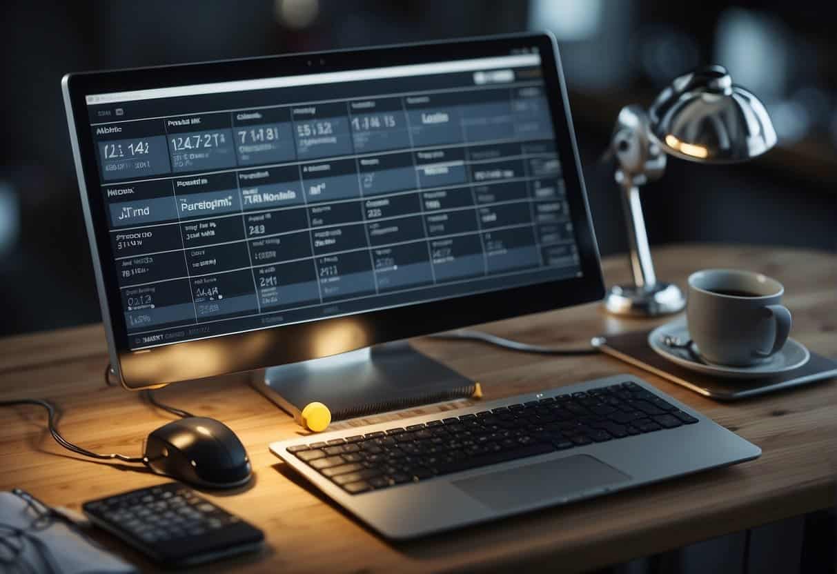 A computer screen displaying a social media scheduling tool with a calendar, clock, and various post options. A robotic arm reaching for the keyboard to input automated posting times