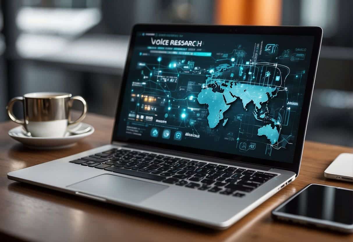 Various tech devices (laptop, smartphone, tablet) surrounded by SEO tools (keyword research, analytics) with emerging tech (AI, voice search) in background