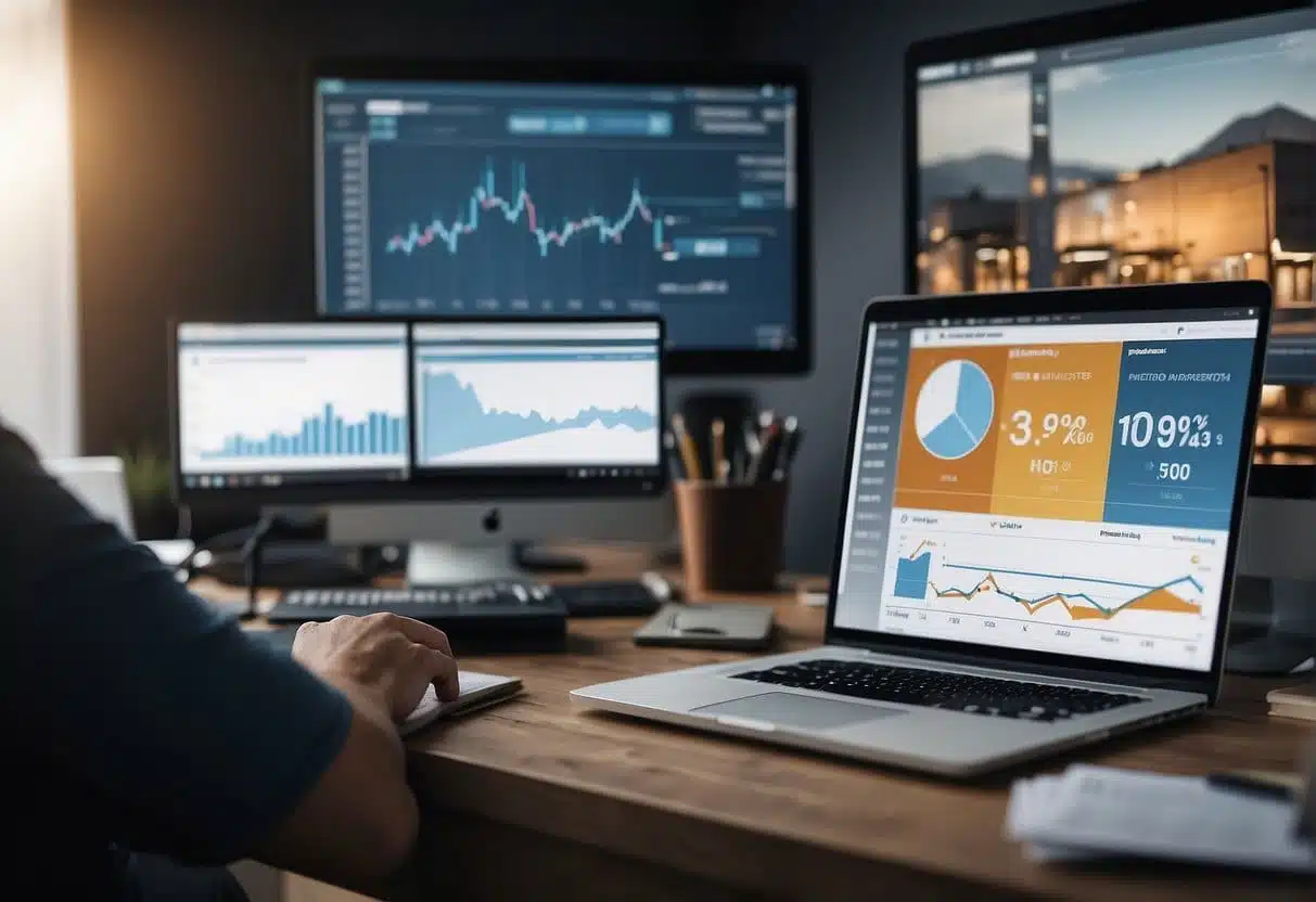 Small business owner using social media analytics to plan marketing strategy. Charts and graphs show cost-effective market research results