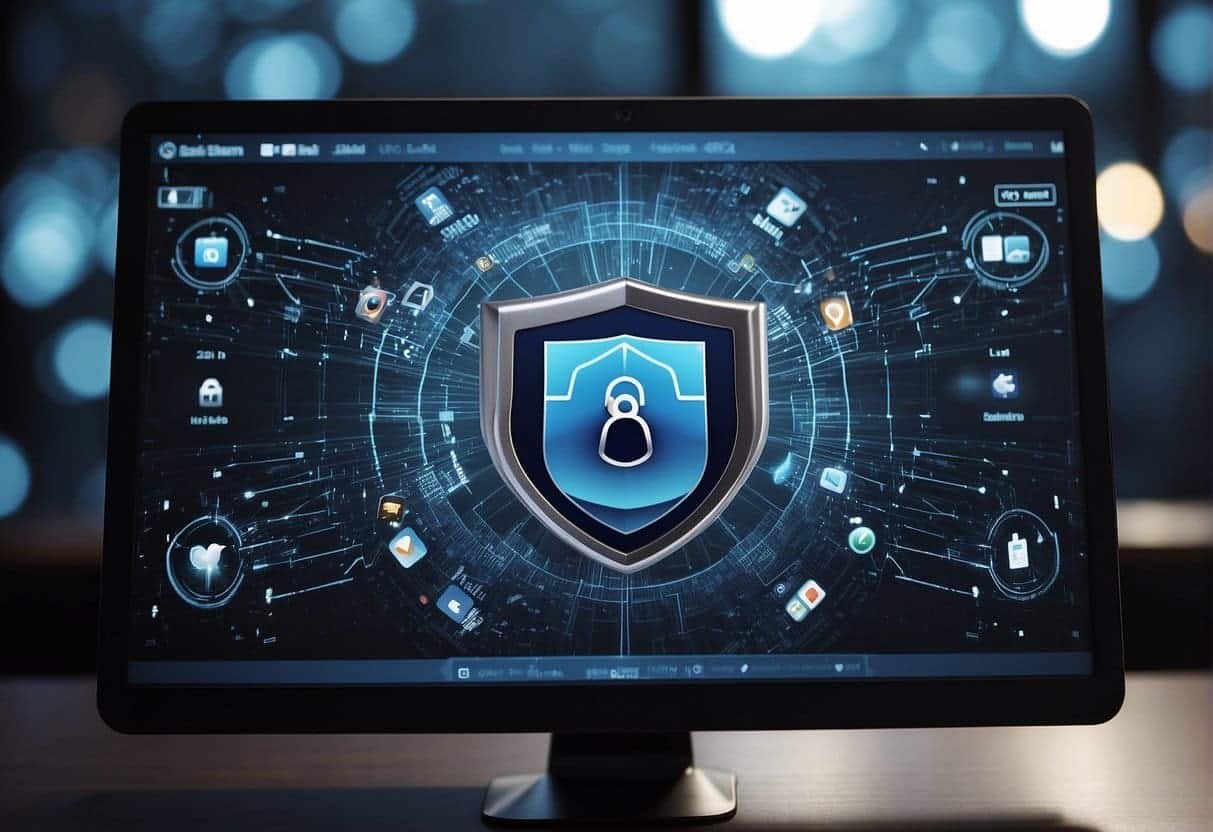 A computer screen displaying a social media platform with a lock icon symbolizing security. A shield surrounds the screen, representing protection for the business online