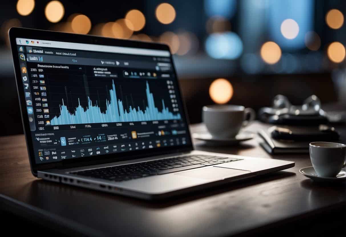 A laptop displaying social media icons surrounded by marketing materials and analytics charts