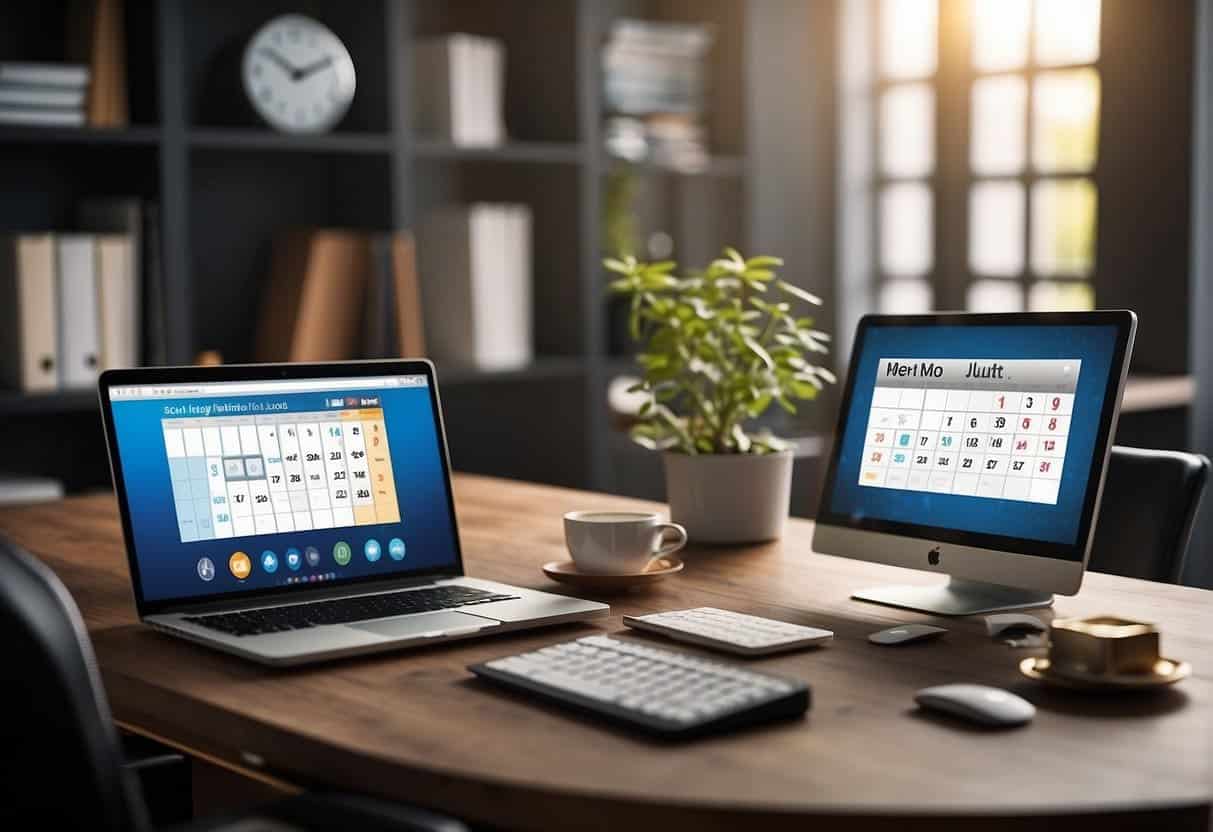 A desk with a laptop, calendar, and clock. Social media icons on the screen. A to-do list with time management tips. Bright, organized workspace