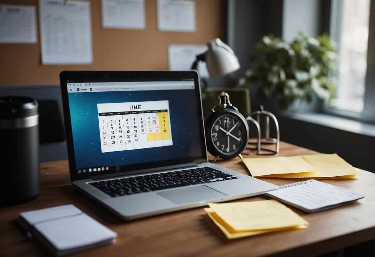 A desk with a calendar, clock, and laptop. Post-it notes with time management tips. Charts and graphs on the wall