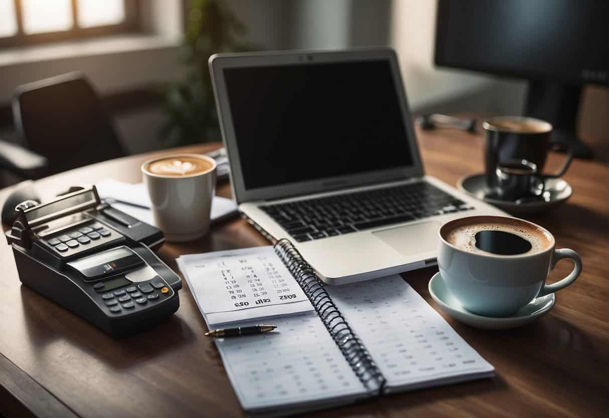 A desk with a laptop, calendar, and social media icons. A clock on the wall shows the time. A checklist and a cup of coffee are nearby