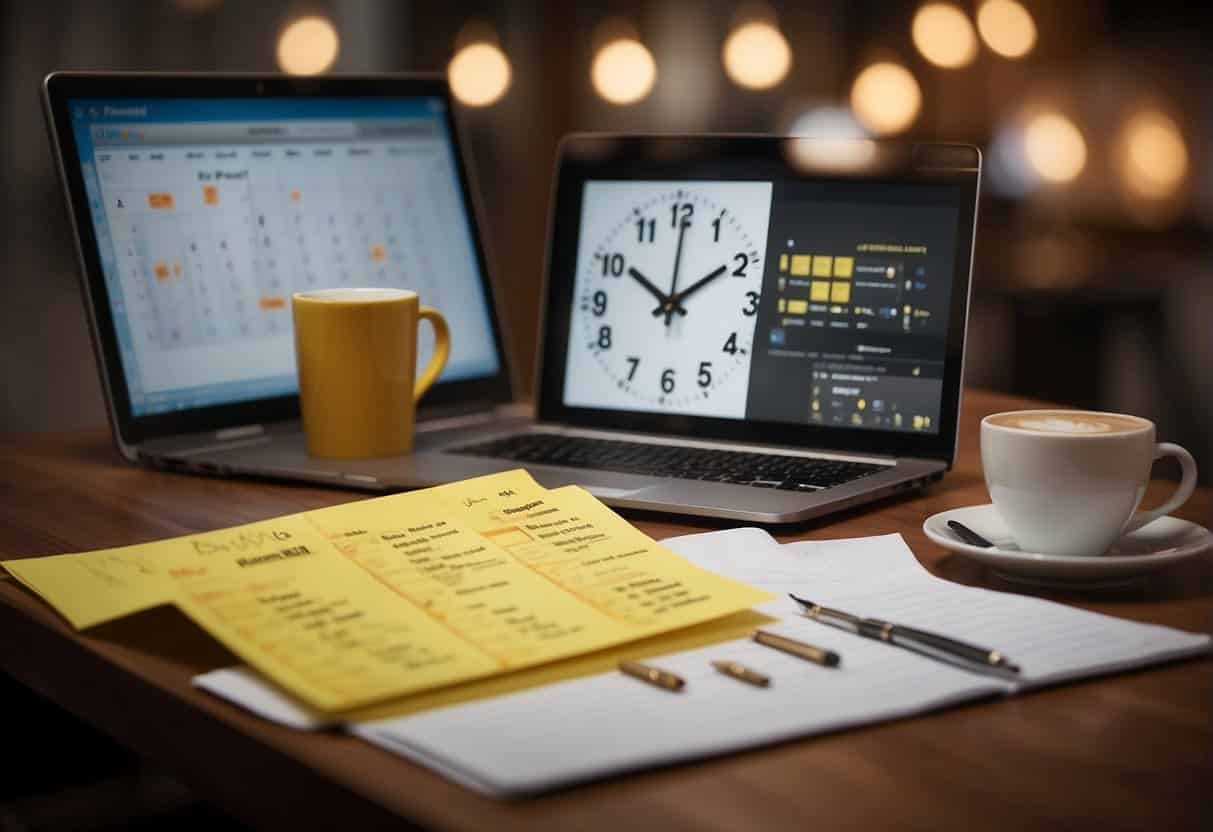 A desk cluttered with a laptop, calendar, and coffee mug. A clock on the wall shows the passing time. Post-it notes with social media tasks cover the workspace