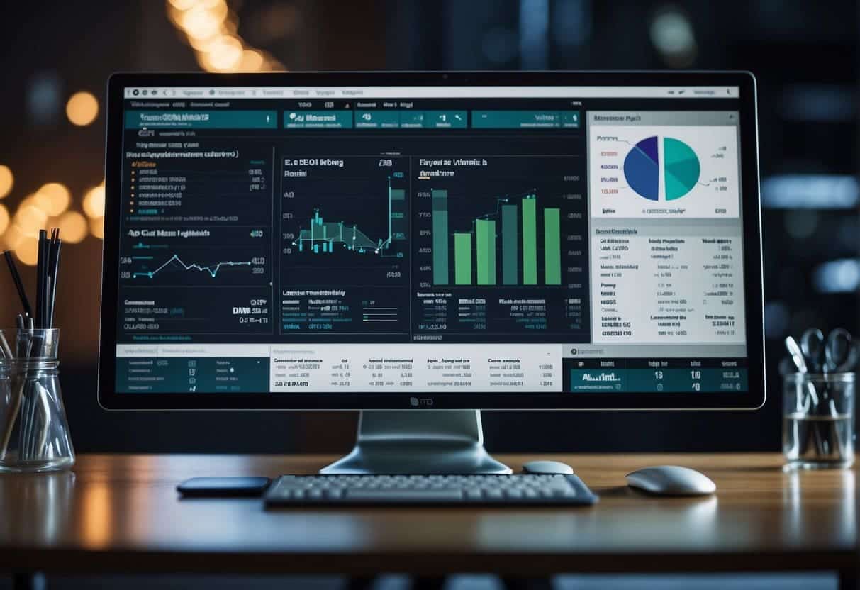 A computer screen displaying various SEO metrics and analytics tools, with emerging technology icons in the background