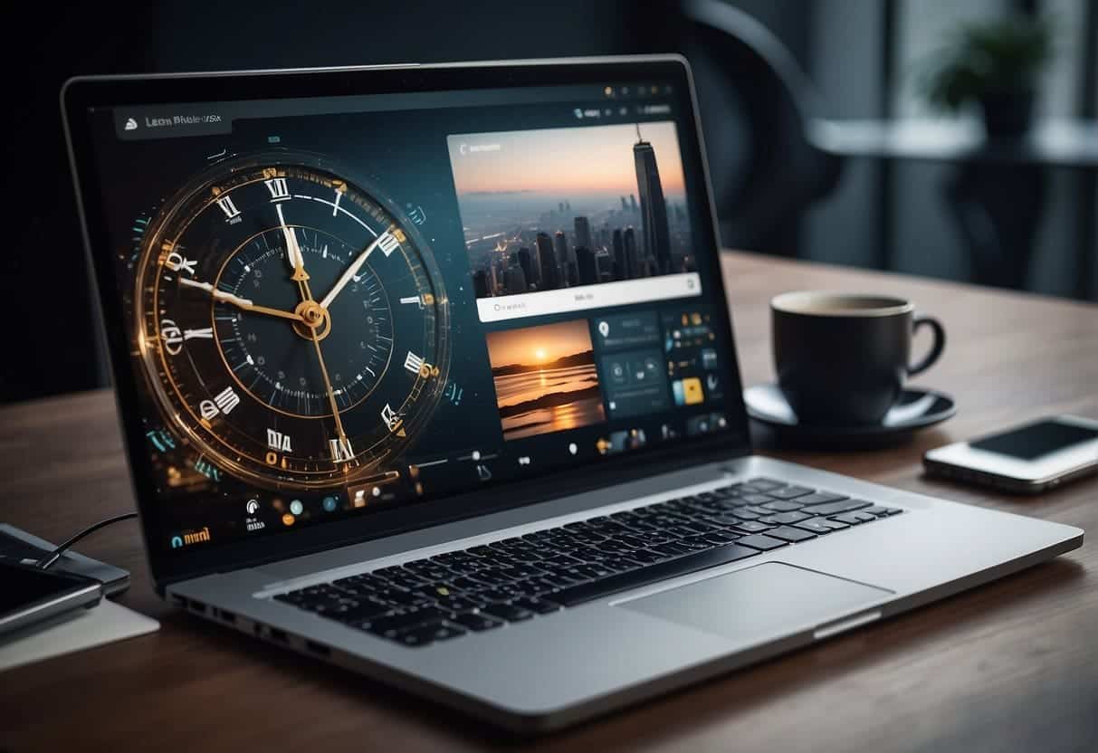 A laptop and smartphone on a desk, with social media icons and a clock, symbolizing efficient time management for marketing