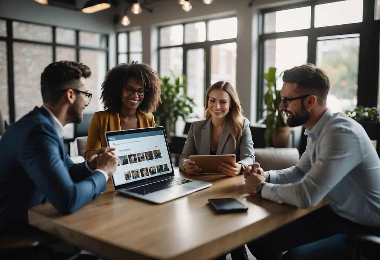 A team of marketers and sales professionals collaborate on social media strategy, each with specific roles and responsibilities