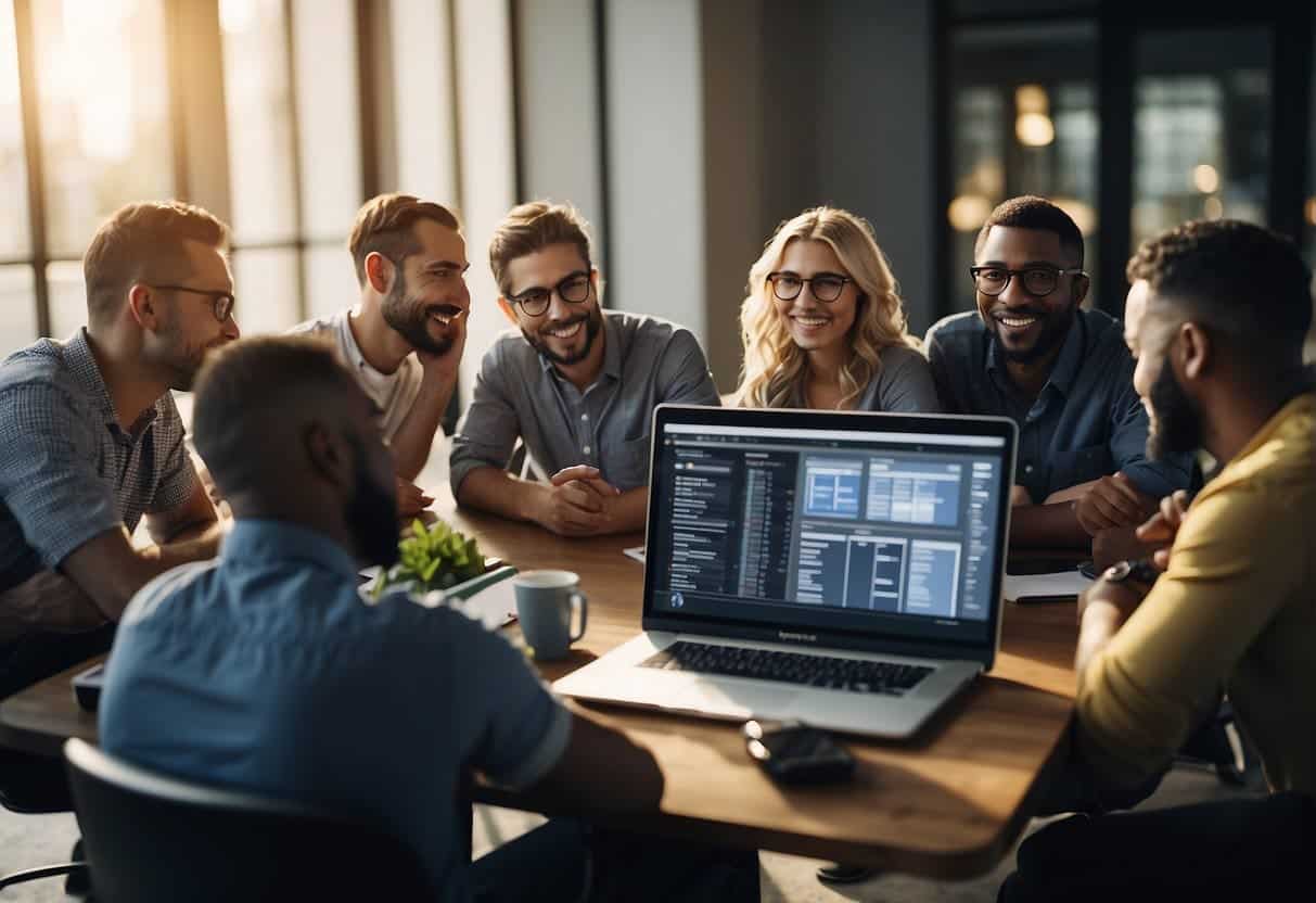 A group of individuals collaborating on social media strategy, brainstorming and planning content, and analyzing data for ongoing team development