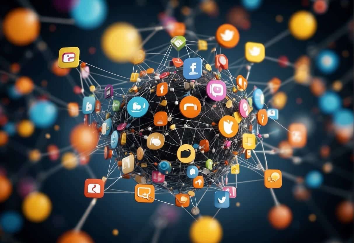 A network of interconnected social media icons representing cross-promotion strategies. Each platform is linked together, creating a cohesive and integrated promotional approach