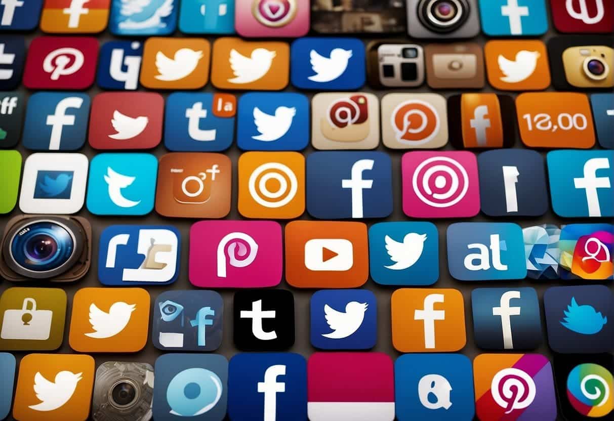 A variety of social media logos (Facebook, Instagram, Twitter, etc.) are interconnected with lines, symbolizing cross-promotion and collaboration to build brand awareness and trust