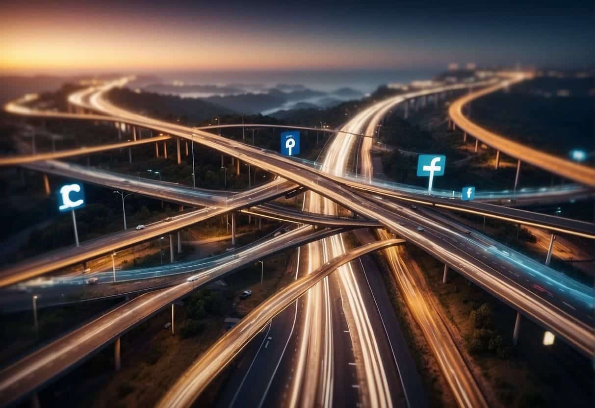 A network of interconnected roads leading to various social media logos, with traffic flowing towards them, symbolizing cross-promotion strategies for driving conversions and website traffic