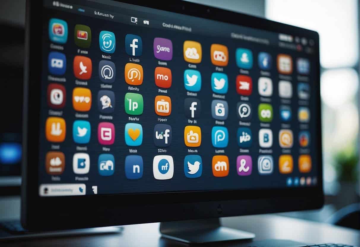 Social media icons and links integrated into a computer screen, with SEO keywords visible on the profiles
