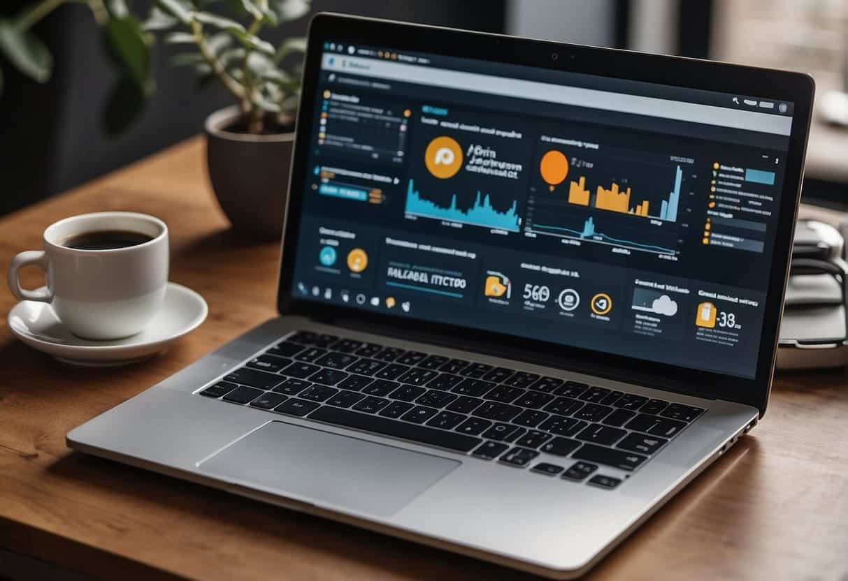 A laptop with a social media profile displayed on the screen, surrounded by various SEO tools and analytics charts