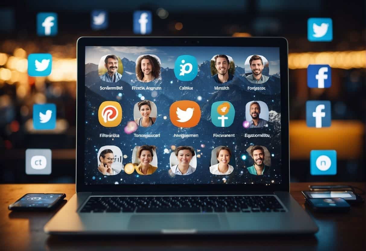 A computer screen with various social media icons and profiles being optimized for SEO, surrounded by virtual community engagement