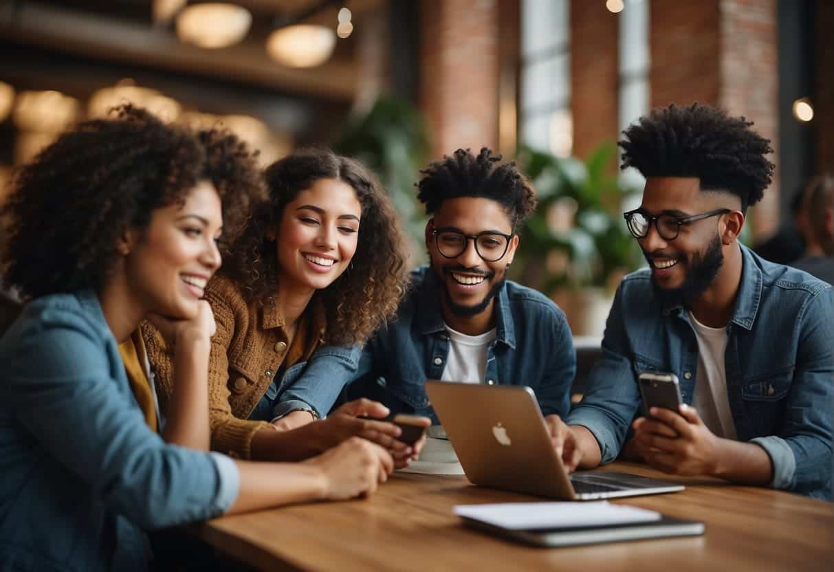 A diverse group of young people engage with social media, sharing and interacting with non-profit content. The scene is vibrant and dynamic, with a mix of cultures and backgrounds represented