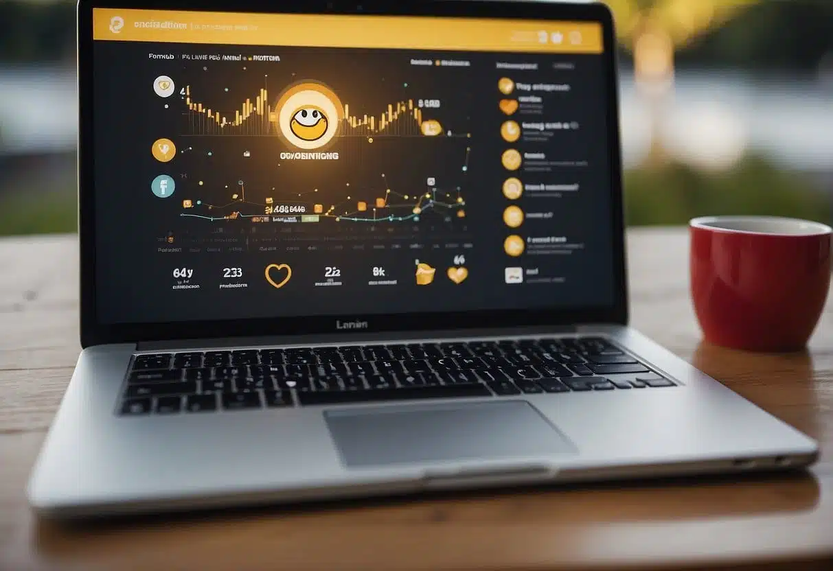 A laptop displaying a social media page with donation buttons and fundraising posts. A graph showing increased engagement and donations. A smiling emoji and heart reactions