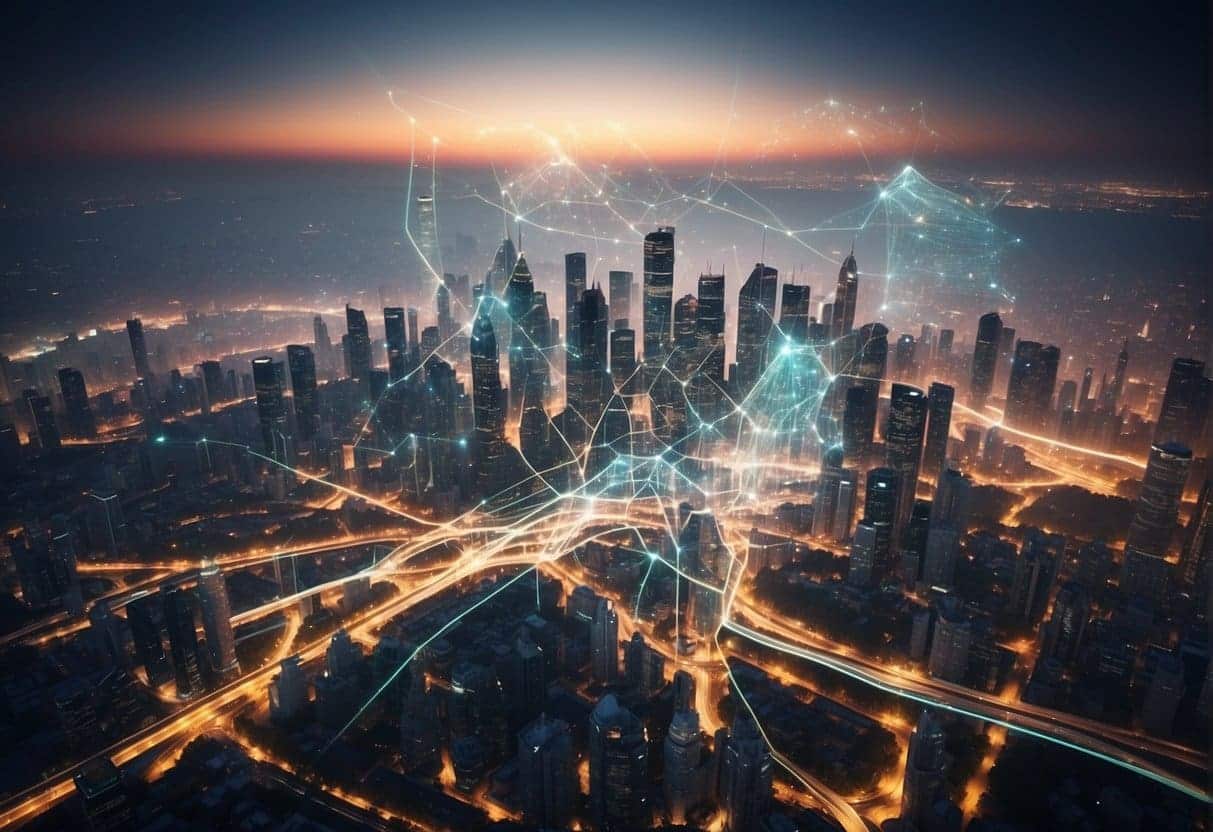 A futuristic city skyline with digital overlays and data streams, showcasing the integration of emerging technologies and their impact on SEO