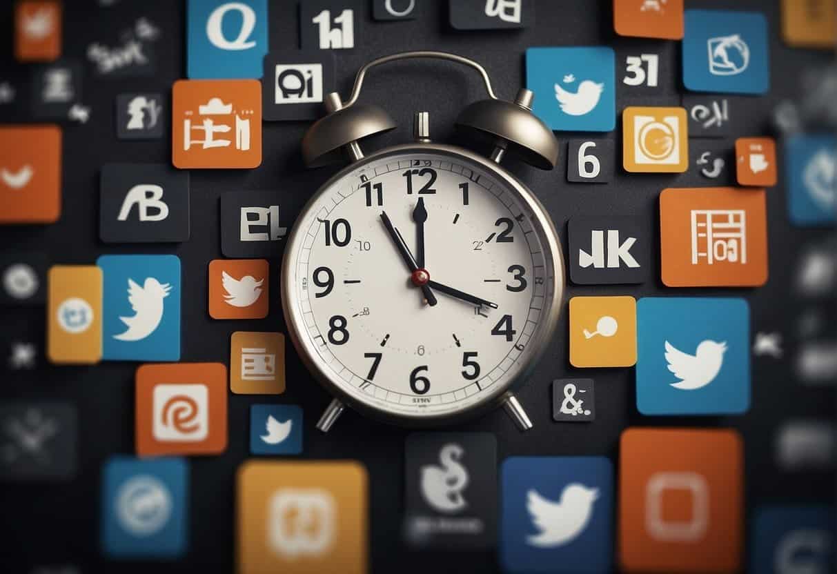 A calendar with social media icons and a clock, surrounded by engagement metrics and positive comments from followers