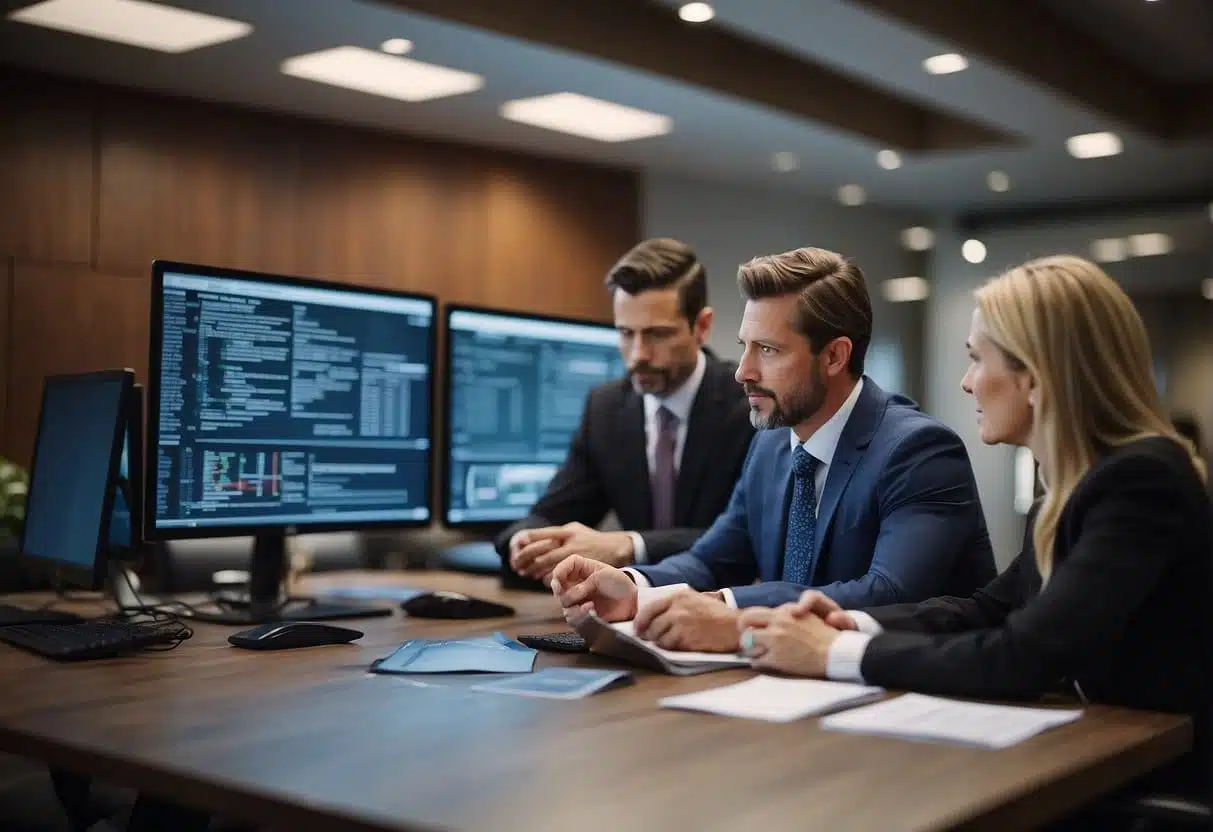 A legal team strategizing crisis management on social media. Documents, screens, and communication tools present