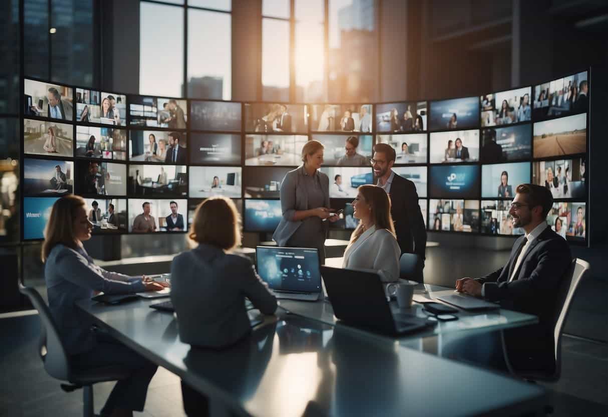 A diverse group of people interacting with and creating content on various digital platforms, while the content is being monitored for quality and relevance